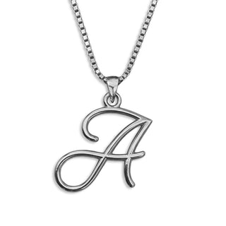 Silver necklace monogram pendant jewelry, initial letter A from Beloved Script font by Laura Worthington