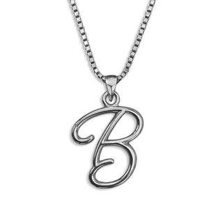 Silver necklace monogram pendant jewelry, initial letter B from Beloved Script font by Laura Worthington