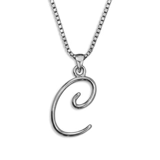 Silver necklace monogram pendant jewelry, initial letter C from Beloved Script font by Laura Worthington
