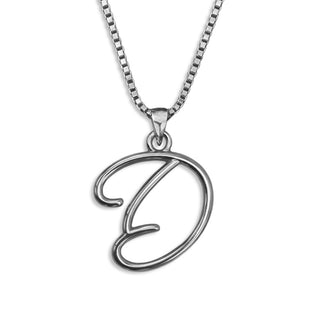 Silver necklace monogram pendant jewelry, initial letter D from Beloved Script font by Laura Worthington