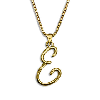 Gold necklace monogram pendant jewelry, initial letter E from Beloved Script font by Laura Worthington