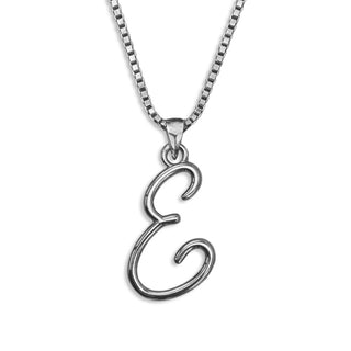 Silver necklace monogram pendant jewelry, initial letter E from Beloved Script font by Laura Worthington