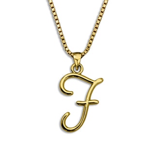 Gold necklace monogram pendant jewelry, initial letter F from Beloved Script font by Laura Worthington