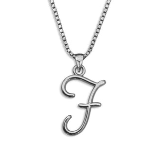 Silver necklace monogram pendant jewelry, initial letter F from Beloved Script font by Laura Worthington