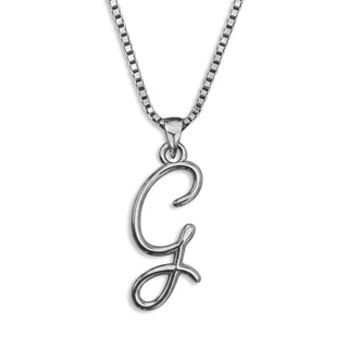 Silver necklace monogram pendant jewelry, initial letter G from Beloved Script font by Laura Worthington
