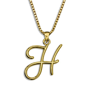 Gold necklace monogram pendant jewelry, initial letter H from Beloved Script font by Laura Worthington