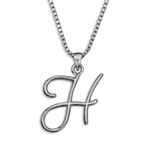 Silver necklace monogram pendant jewelry, initial letter H from Beloved Script font by Laura Worthington