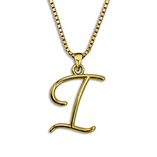 Gold necklace monogram pendant jewelry, initial letter I from Beloved Script font by Laura Worthington