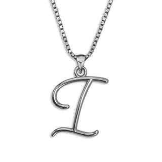 Silver necklace monogram pendant jewelry, initial letter I from Beloved Script font by Laura Worthington