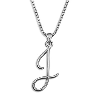 Silver necklace monogram  jewelry, initial letter J from Beloved Script font by Laura Worthington