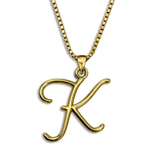 Gold necklace monogram pendant jewelry, initial letter K from Beloved Script font by Laura Worthington