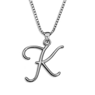 Silver necklace monogram pendant jewelry, initial letter K from Beloved Script font by Laura Worthington