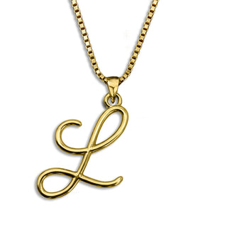 Gold necklace monogram pendant jewelry, initial letter L from Beloved Script font by Laura Worthington