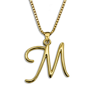 Gold necklace monogram pendant jewelry, initial letter M from Beloved Script font by Laura Worthington