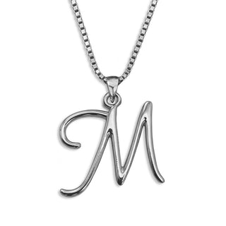 Silver necklace monogram pendant jewelry, initial letter M from Beloved Script font by Laura Worthington