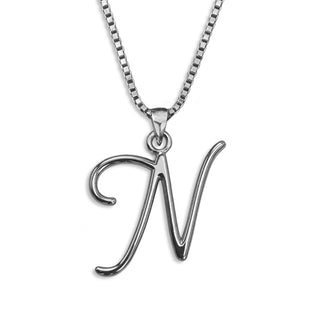 Silver necklace monogram pendant jewelry, initial letter N from Beloved Script font by Laura Worthington