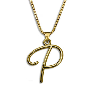 Gold necklace monogram pendant jewelry, initial letter P from Beloved Script font by Laura Worthington