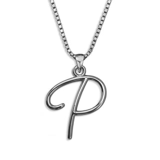 Silver necklace monogram pendant jewelry, initial letter P from Beloved Script font by Laura Worthington