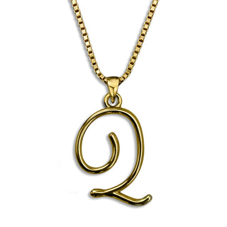 Gold necklace monogram pendant jewelry, initial letter Q from Beloved Script font by Laura Worthington