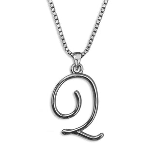 Silver necklace monogram pendant jewelry, initial letter Q from Beloved Script font by Laura Worthington