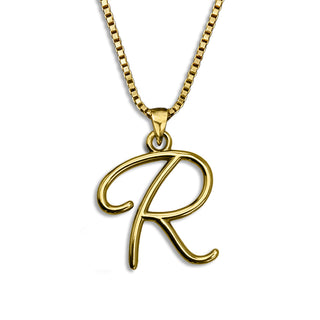 Gold necklace monogram pendant jewelry, initial letter R from Beloved Script font by Laura Worthington