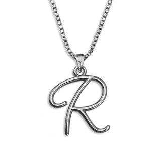 Silver necklace monogram pendant jewelry, initial letter R from Beloved Script font by Laura Worthington