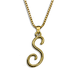 Gold necklace monogram pendant jewelry, initial letter S from Beloved Script font by Laura Worthington