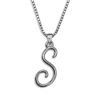 Silver necklace monogram pendant jewelry, initial letter S from Beloved Script font by Laura Worthington