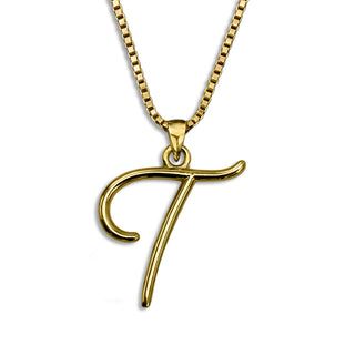 Gold necklace monogram pendant jewelry, initial letter T from Beloved Script font by Laura Worthington