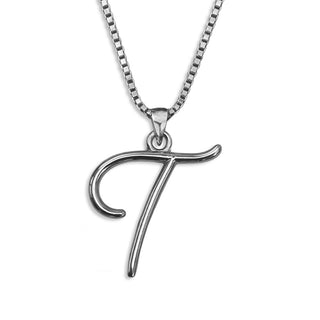 Silver necklace monogram pendant jewelry, initial letter T from Beloved Script font by Laura Worthington