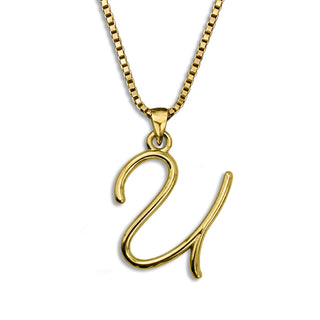 Gold necklace monogram pendant jewelry, initial letter U from Beloved Script font by Laura Worthington