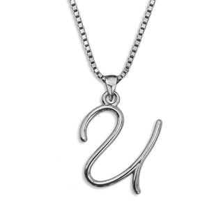 Silver necklace monogram pendant jewelry, initial letter U from Beloved Script font by Laura Worthington