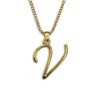 Gold necklace monogram pendant jewelry, initial letter V from Beloved Script font by Laura Worthington