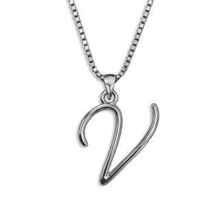 Silver necklace monogram pendant jewelry, initial letter V from Beloved Script font by Laura Worthington