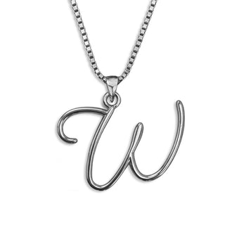 Silver necklace monogram pendant jewelry, initial letter W from Beloved Script font by Laura Worthington