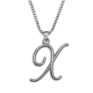 Silver necklace monogram pendant jewelry, initial letter X from Beloved Script font by Laura Worthington