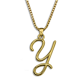 Gold necklace monogram pendant jewelry, initial letter Y from Beloved Script font by Laura Worthington