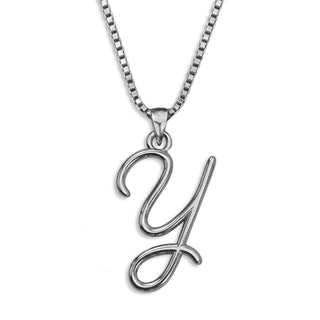 Silver necklace monogram pendant jewelry, initial letter Y from Beloved Script font by Laura Worthington