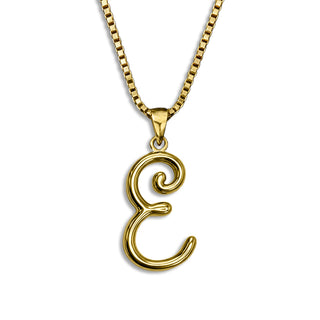 gold necklace, initial letter E pendant monogram jewelry — based on Mandevilla font by Laura Worthington