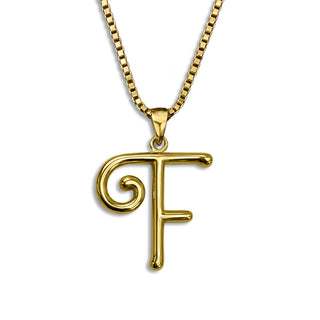 gold necklace, initial letter F pendant monogram jewelry — based on Mandevilla font by Laura Worthington