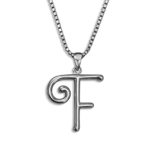 silver necklace, initial letter F pendant monogram jewelry — based on Mandevilla font by Laura Worthington