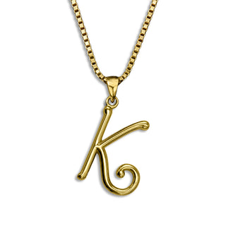 gold necklace, initial letter K pendant monogram jewelry — based on Mandevilla font by Laura Worthington