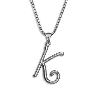 silver necklace, initial letter K pendant monogram jewelry — based on Mandevilla font by Laura Worthington