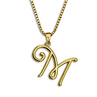 gold necklace, initial letter M pendant monogram jewelry — based on Mandevilla font by Laura Worthington