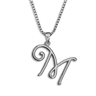 silver necklace, initial letter M pendant monogram jewelry — based on Mandevilla font by Laura Worthington