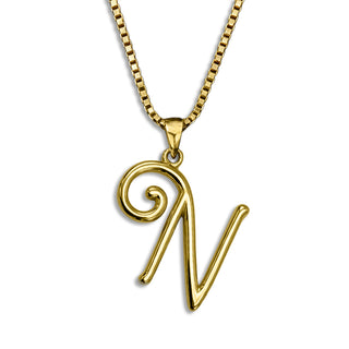 gold necklace, initial letter N pendant monogram jewelry — based on Mandevilla font by Laura Worthington