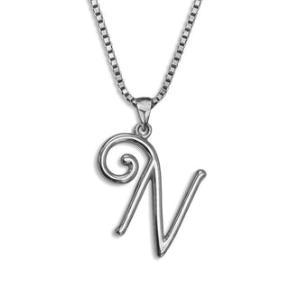 silver necklace, initial letter N pendant monogram jewelry — based on Mandevilla font by Laura Worthington