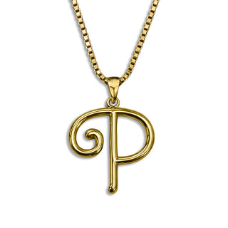 gold necklace, initial letter P pendant monogram jewelry — based on Mandevilla font by Laura Worthington