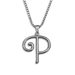 silver necklace, initial letter P pendant monogram jewelry — based on Mandevilla font by Laura Worthington