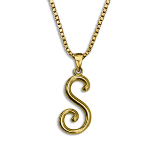 gold necklace, initial letter S pendant monogram jewelry — based on Mandevilla font by Laura Worthington